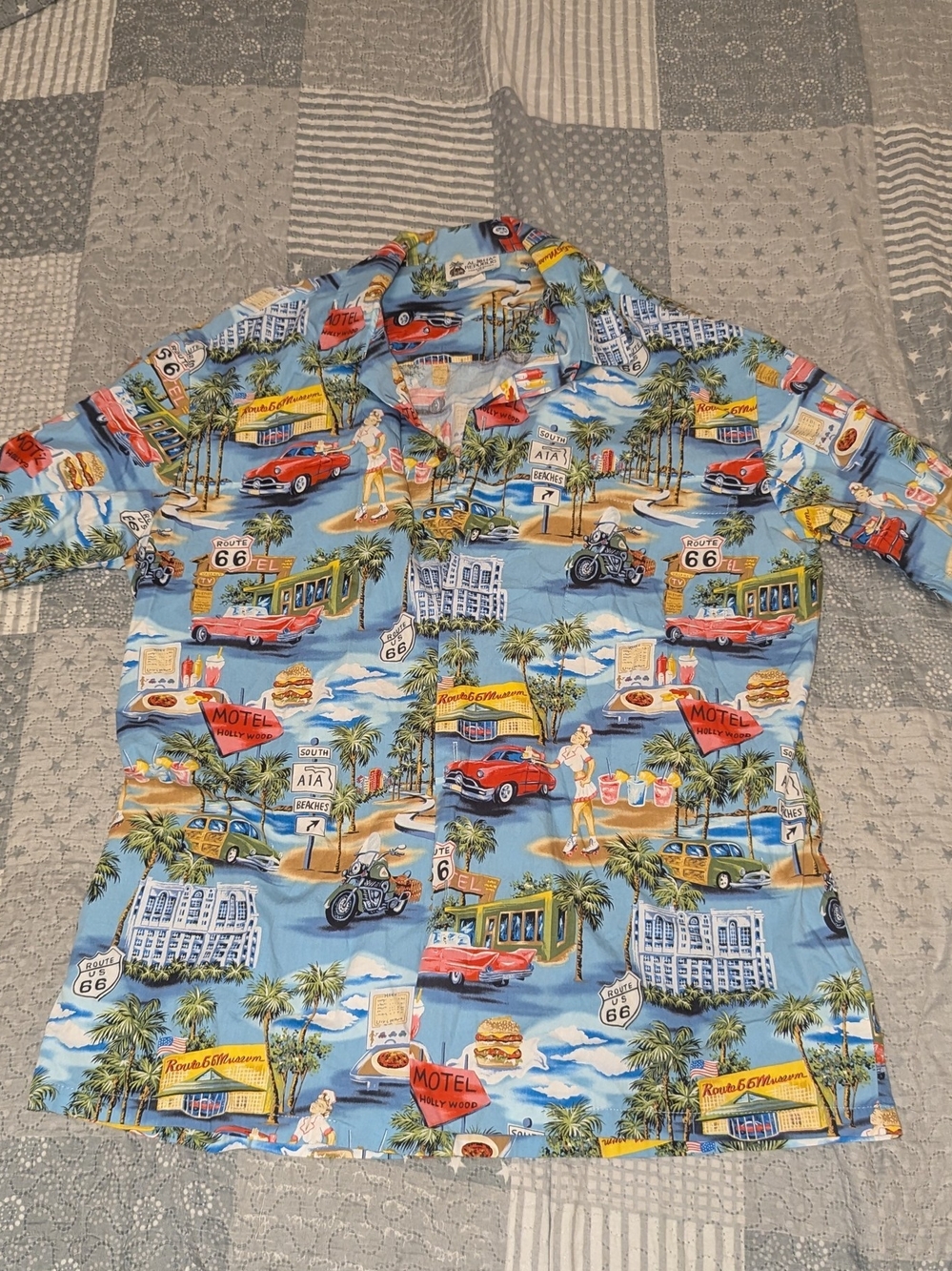 Aloha Republic Men’s Route 66 Memory Lane Blue Cotton Tiki USA Hawaiian Shirt L